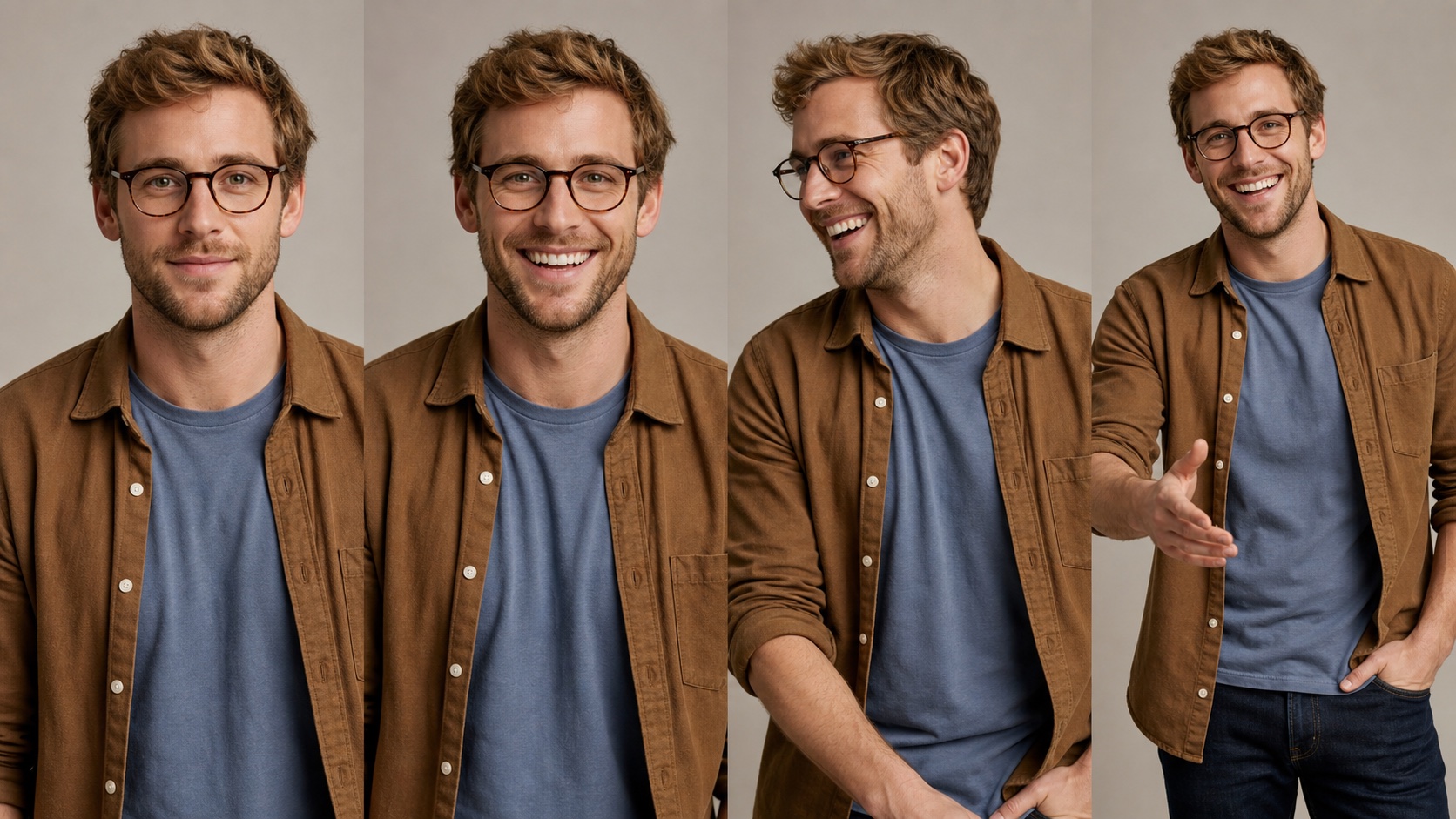 Dan character sheet showing lighter Caucasian appearance, dirty-blond hair, glasses, and expressive smile