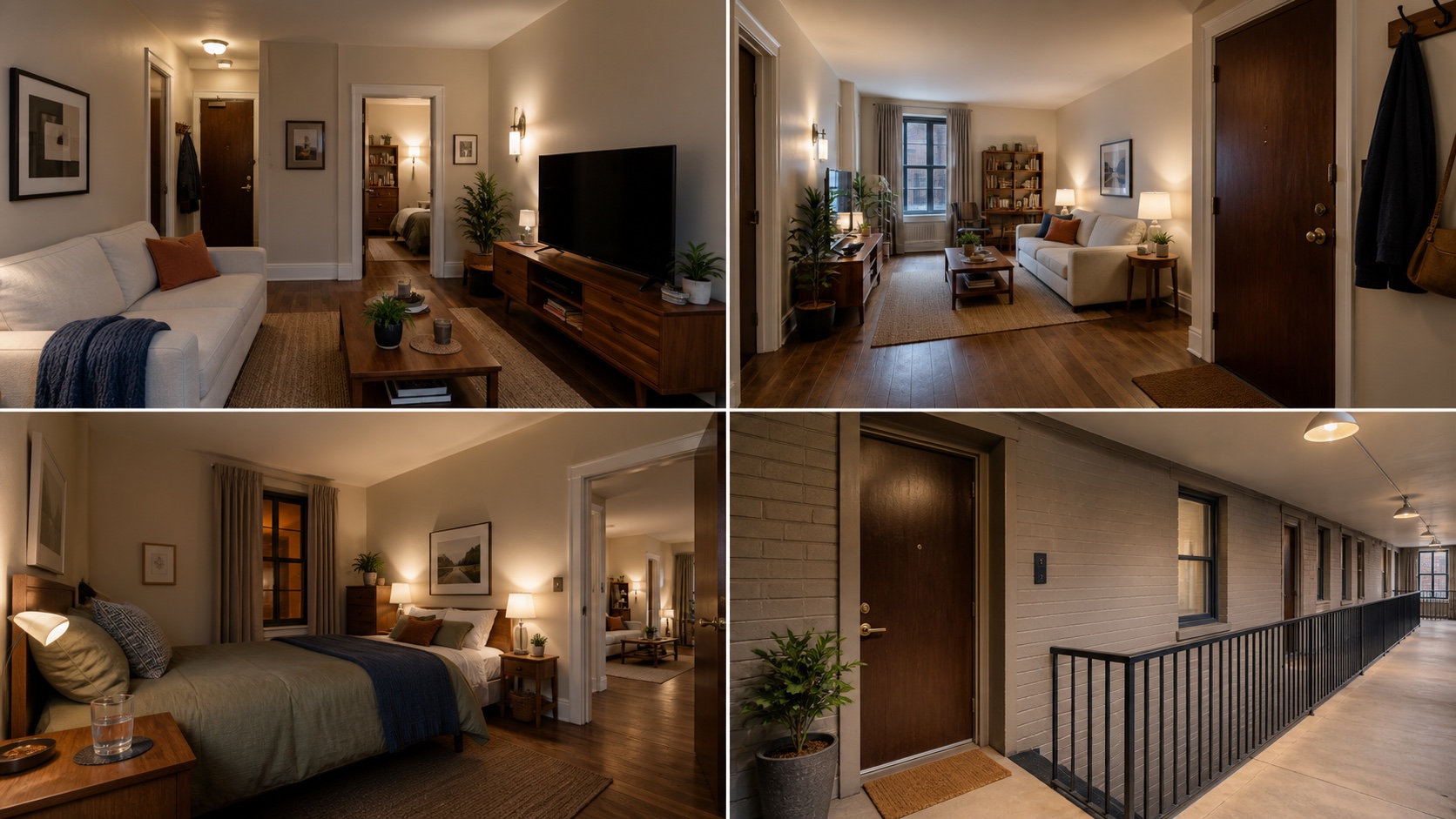 Home location package showing connected apartment, bedroom, and exterior corridor views