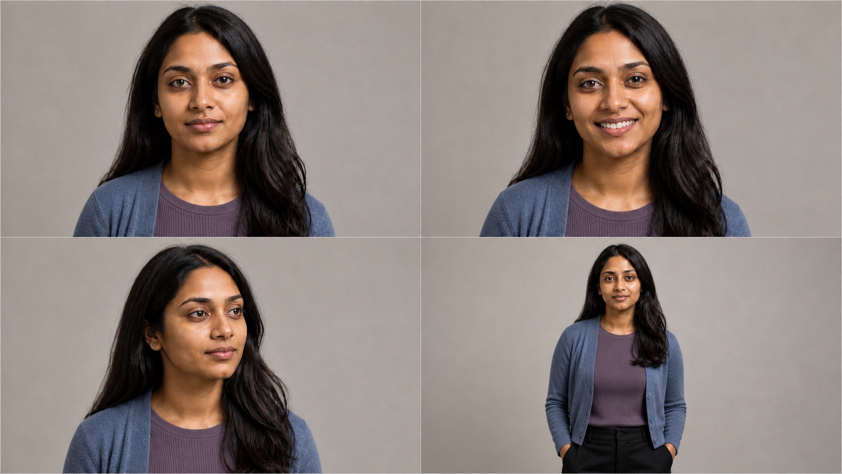 Priya character sheet showing a warm professional identity in dusty plum and slate blue wardrobe