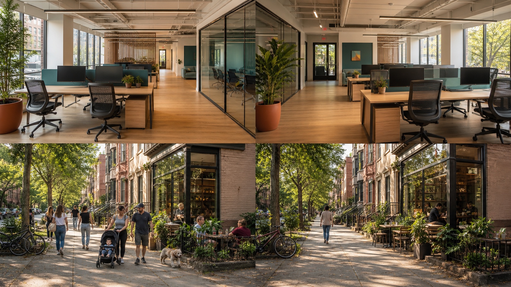 Work and neighborhood location package showing a warm office and brownstone coffee-shop sidewalk